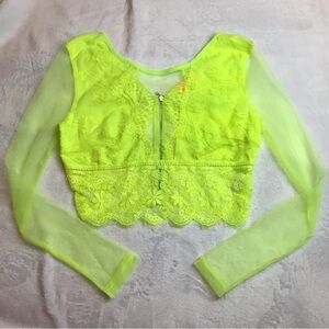 Banjul Sheer Lace Womens Size S Neon Green Halter Cropped Top Long Sleeve